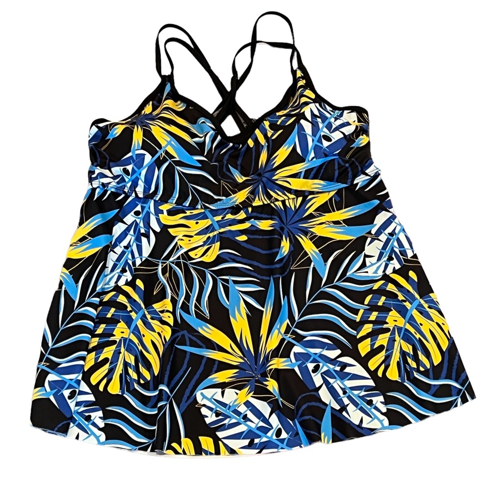 SHEIN Blue Black Yellow Tropical Boho Print Criss Cross Swimsuit Top Size 4XL